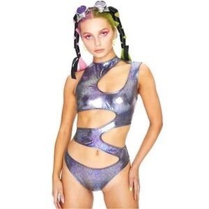 Club EXX Cutout Holographic Bodysuit - Medium